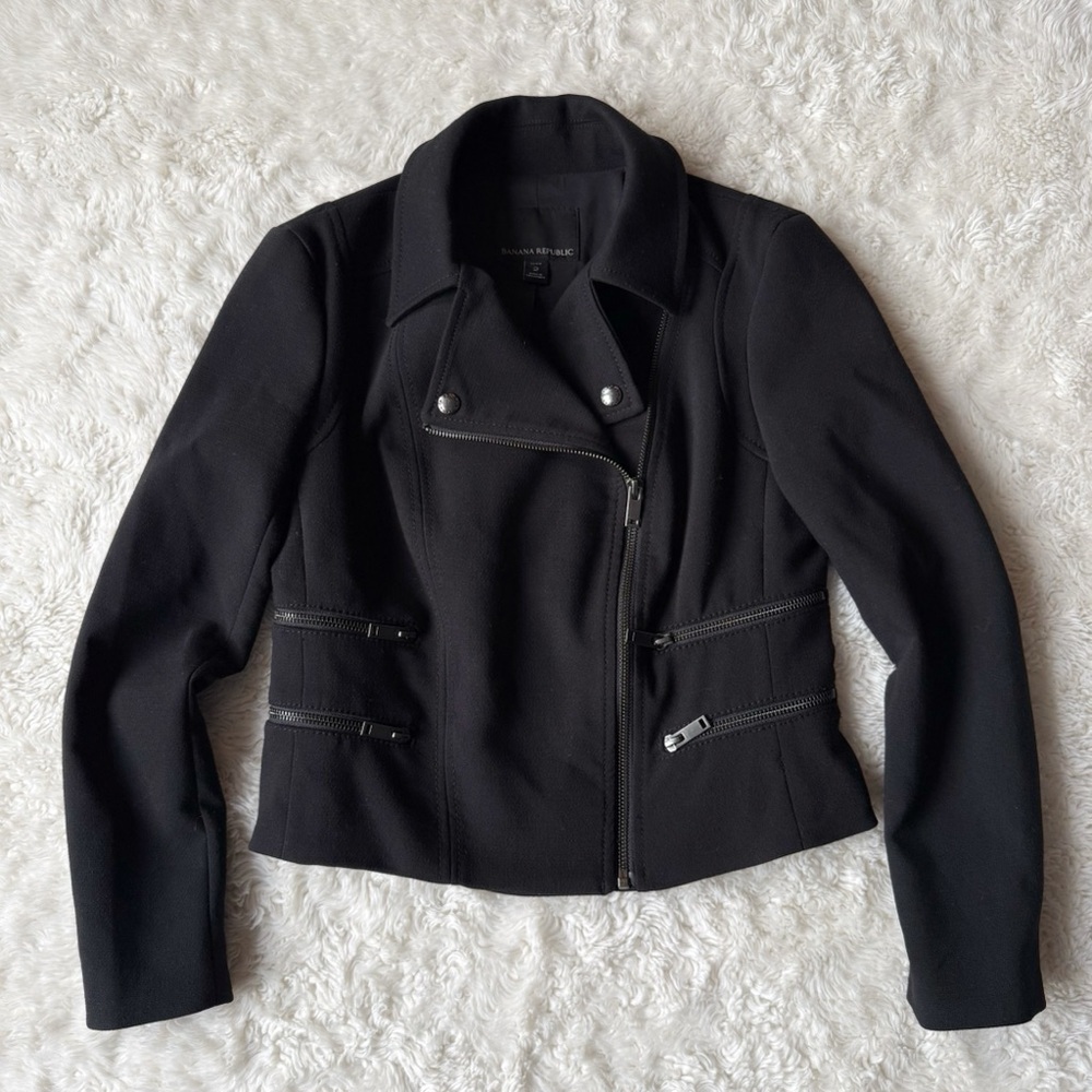 Banana Republic Woman Black Moto Biker Zip Up Blazer Jacket 2P Classic Preppy